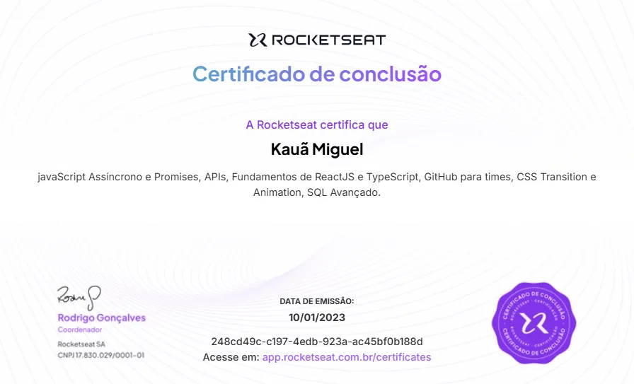 Certificado de Especializar (javaScript Assíncrono e Promises, APIs, Fundamentos de ReactJS e TypeScript, GitHub para times, CSS Transition e Animation, SQL Avançado.)