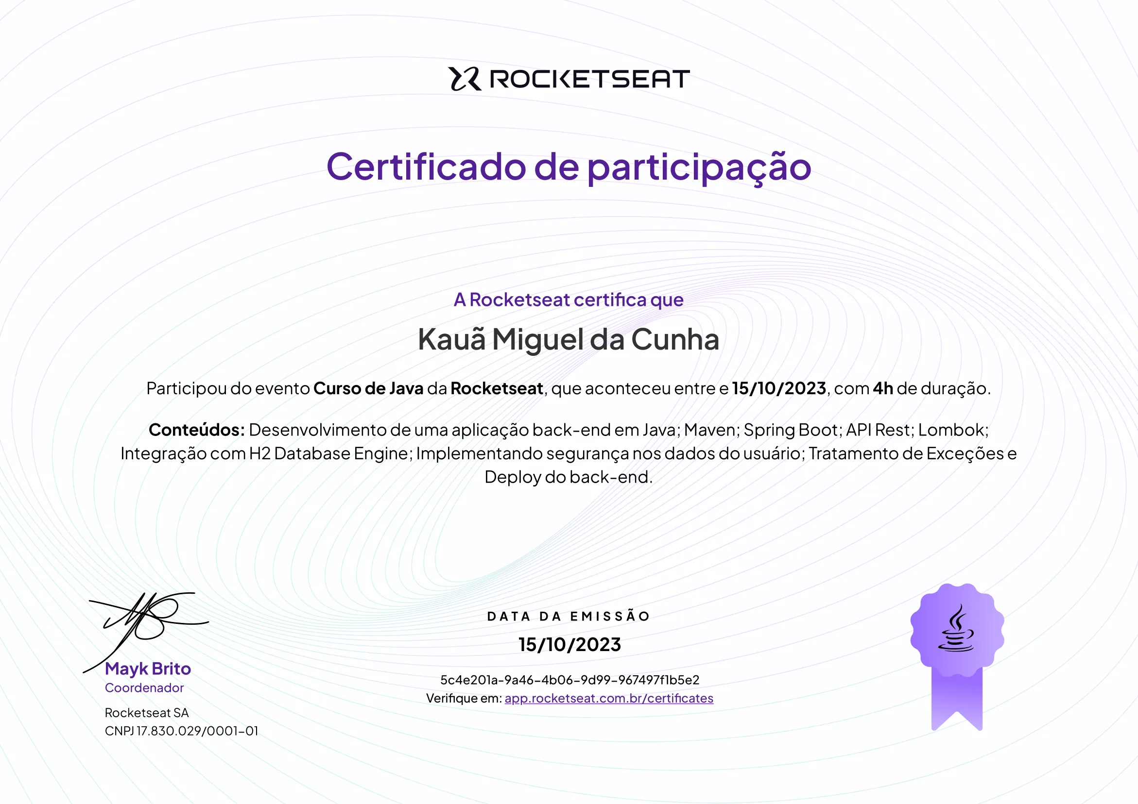 Certificado de Curso de Java